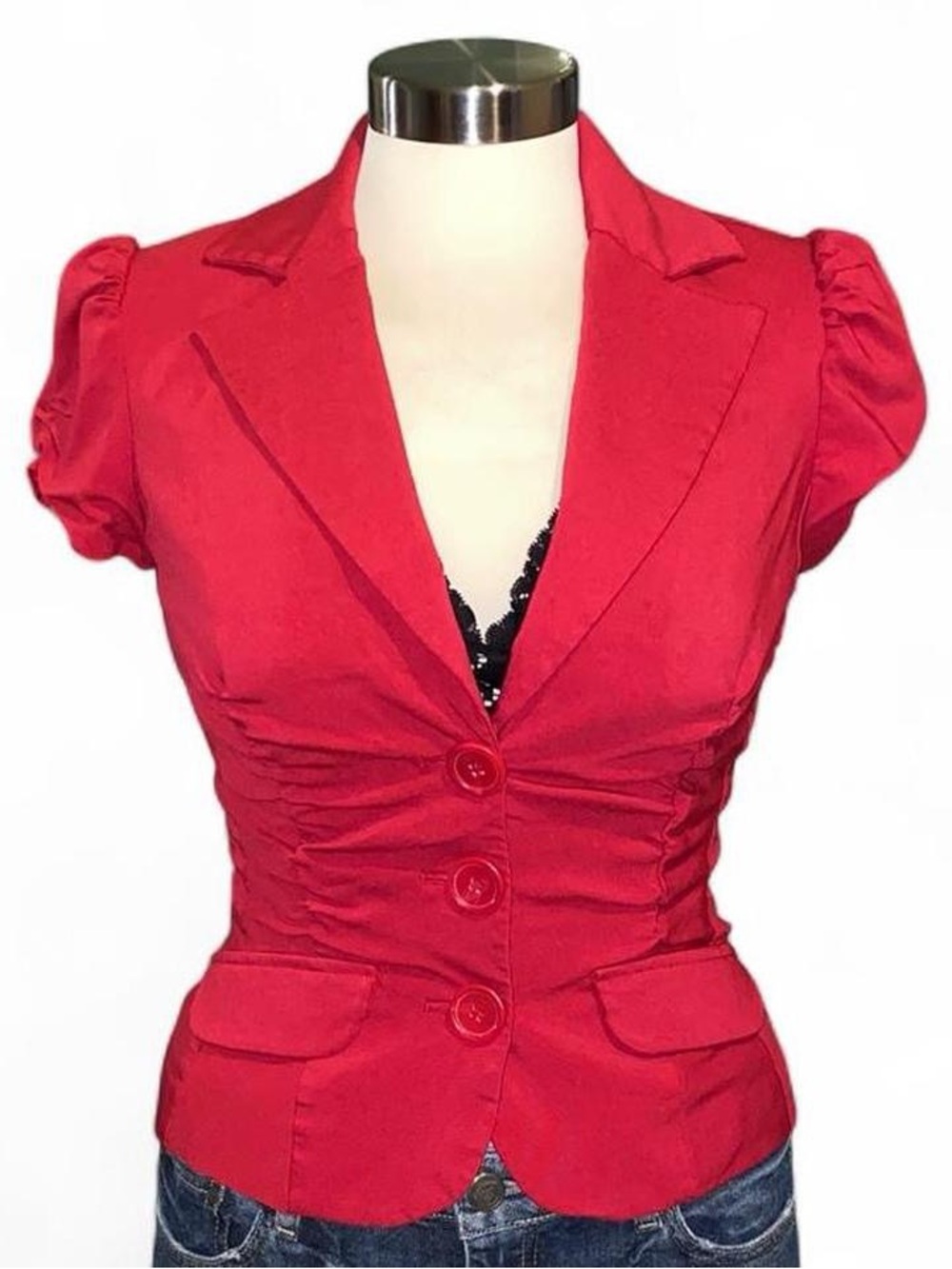 Red Short Puff Sleeve Snatched Button Up Blazer Jacket - Women